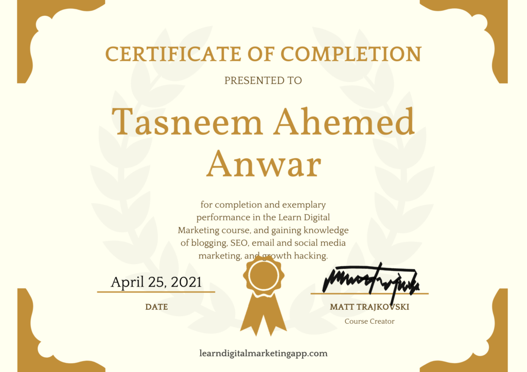 Learn Digital Marketing certificate for Tasneem Ahemed Anwar